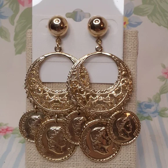 Gold Napoleon Faux Coin Filigree Dangle Pierced Earrings - Picture 1 of 4